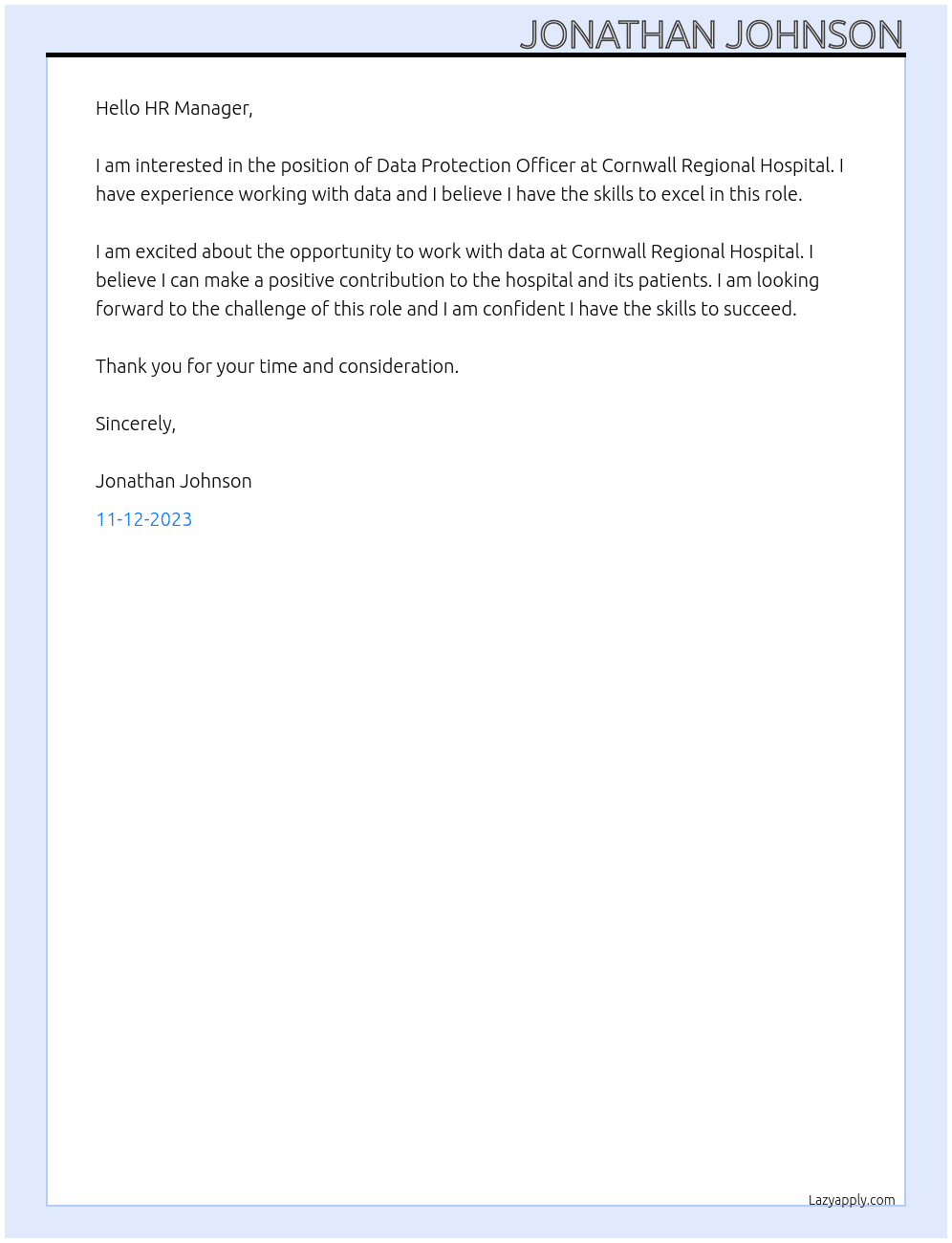 Data Protection Officer At Cornwall Regional Hospital Cover Letter