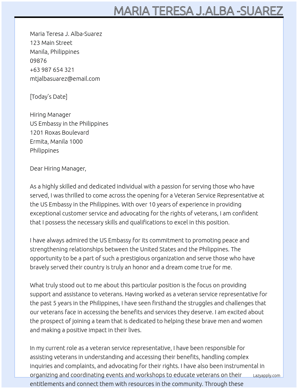 veteran service representative At US EMBASSY IN THE PHILIPPINES Cover Letter