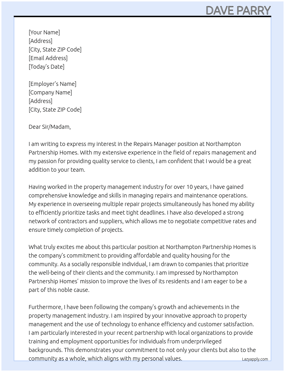 Repairs Manager  At Northampton Partnership Homes  Cover Letter