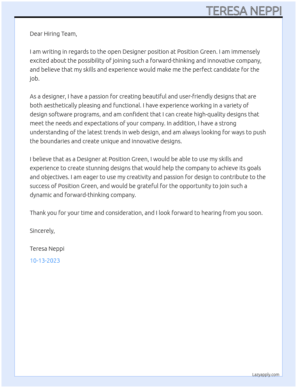 Designer At Position Green Cover Letter