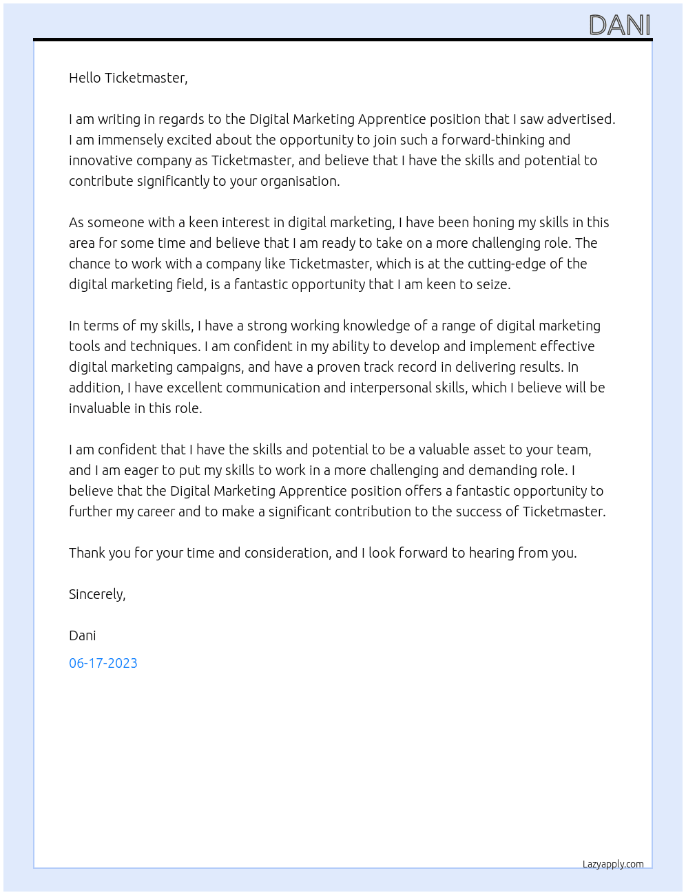 Digital Marketing Apprentice At Ticketmaster Cover Letter