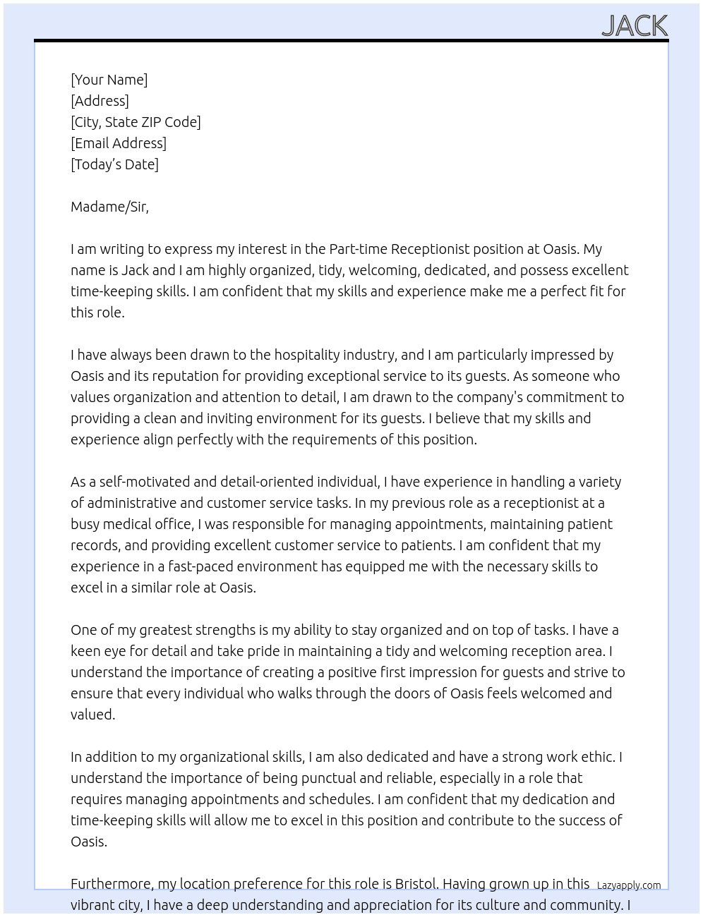 Part time Receptionist At Oasis Cover Letter