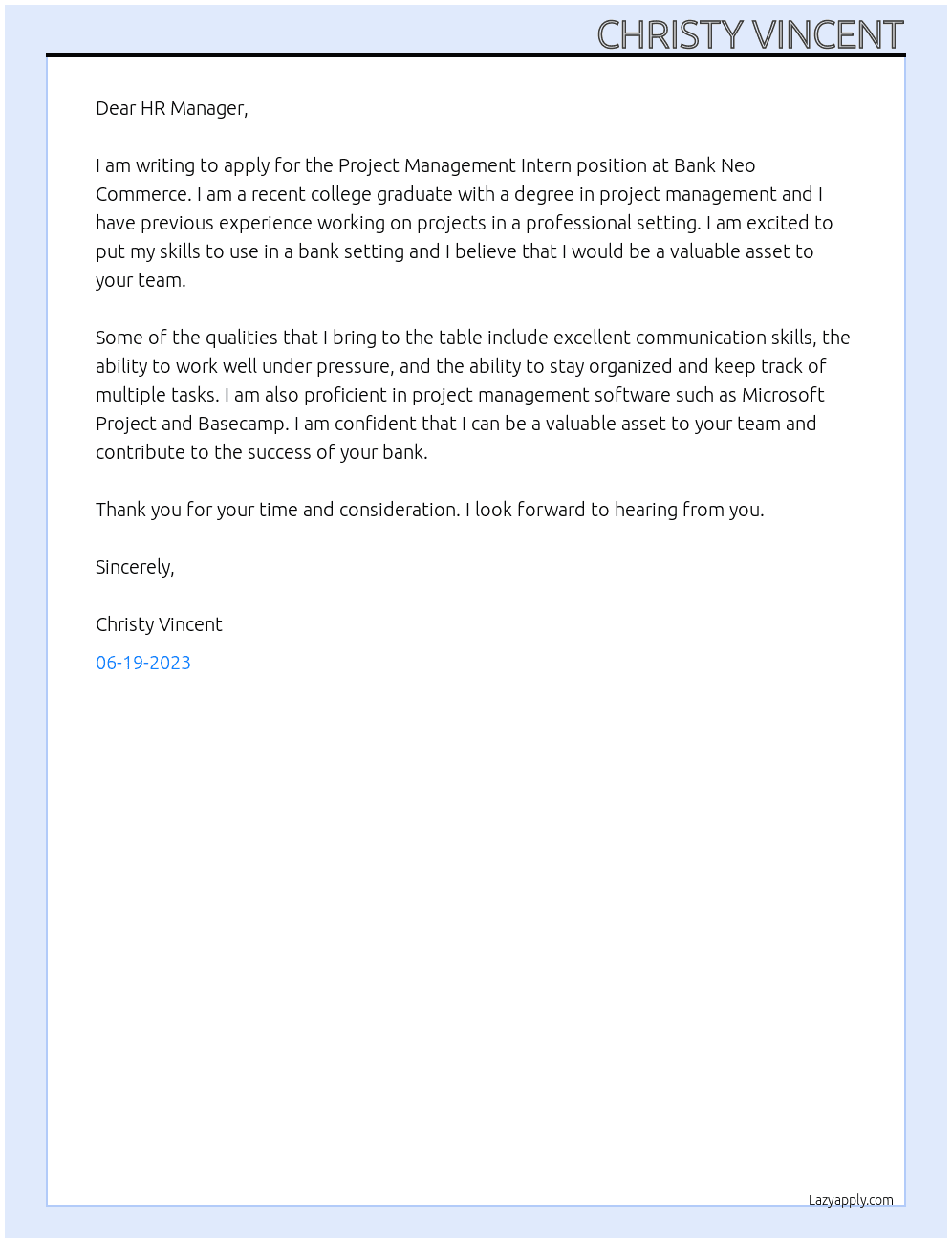 Project Management Intern At Bank Neo Commerce Cover Letter
