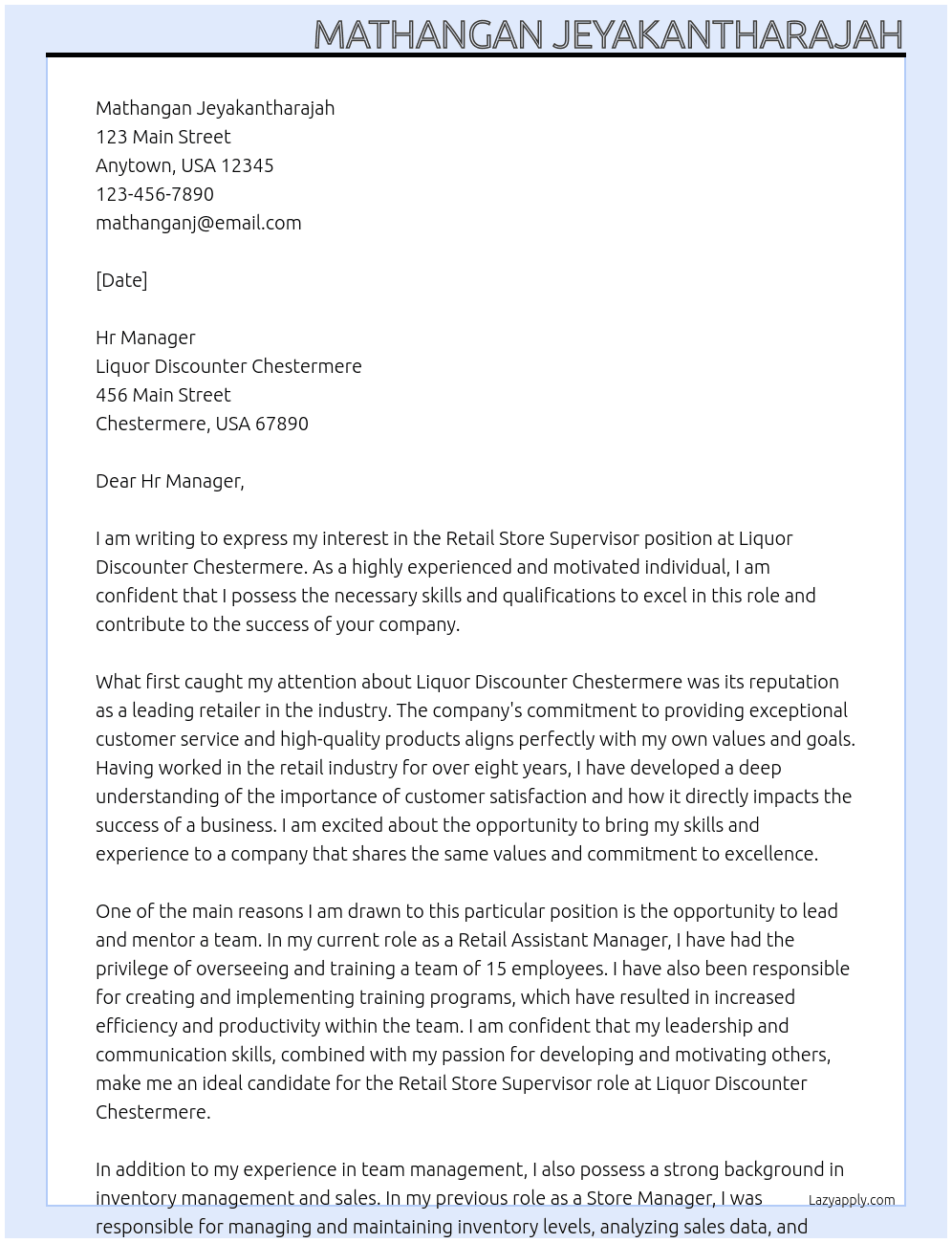 Retail store supervisor  At Liquor Discounter Chestermere Cover Letter