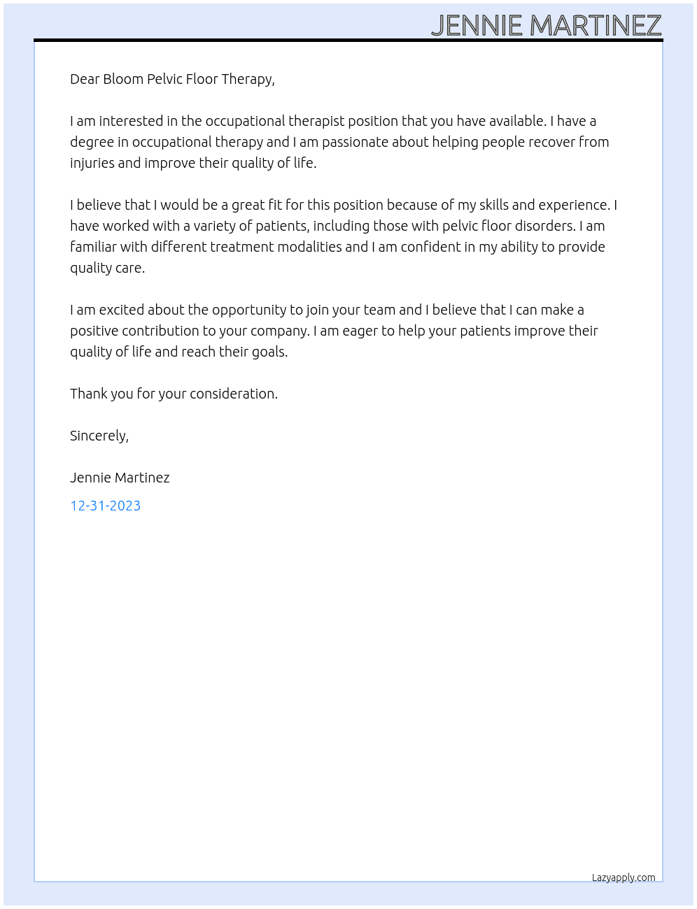 Occupational Therapist1 At Bloom Pelvic Floor Therapy Cover Letter