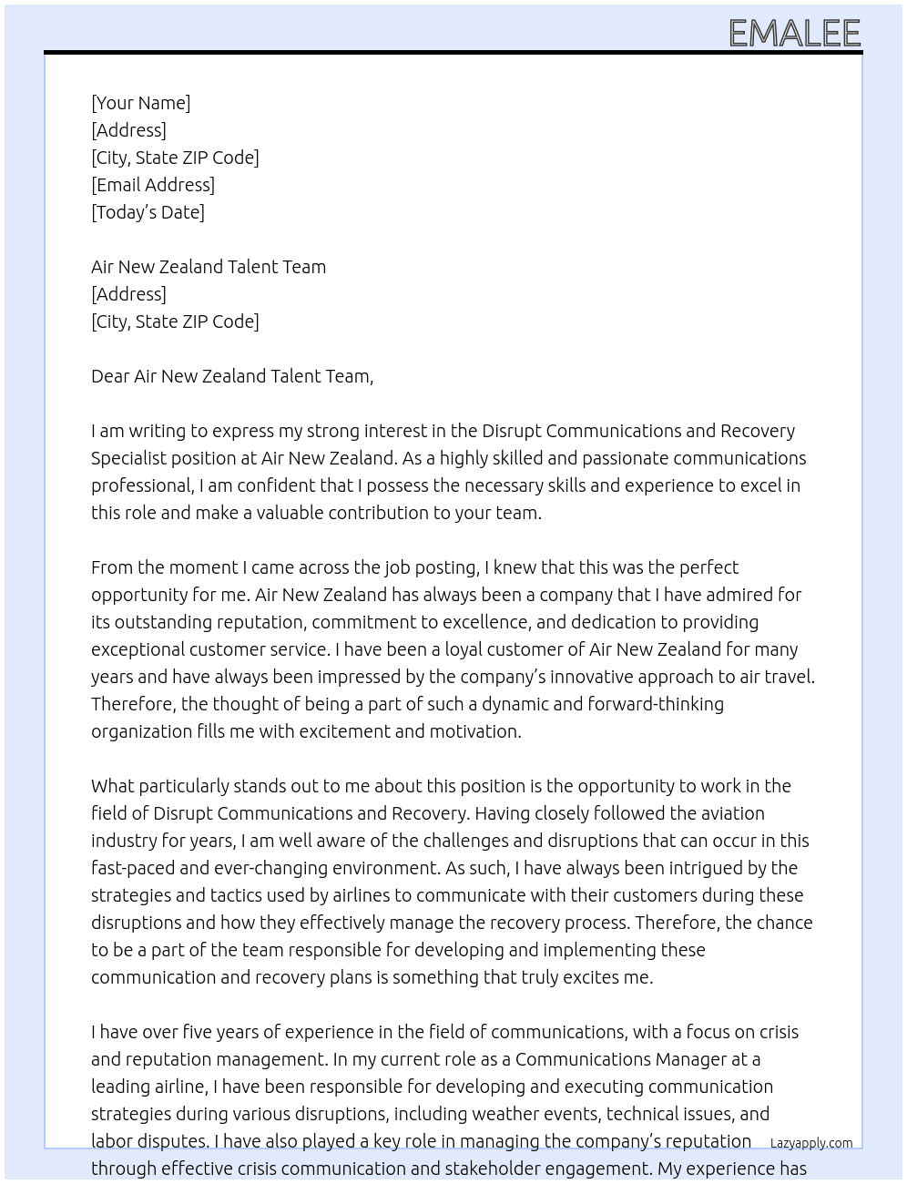Disrupt Communications and Recovery Specialist At Air New Zealand Cover Letter