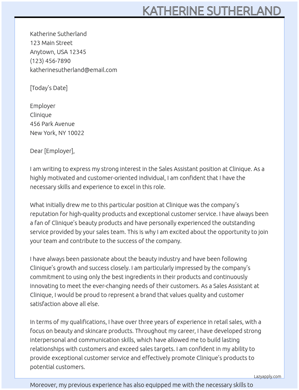 Sales assistant At Clinique  Cover Letter