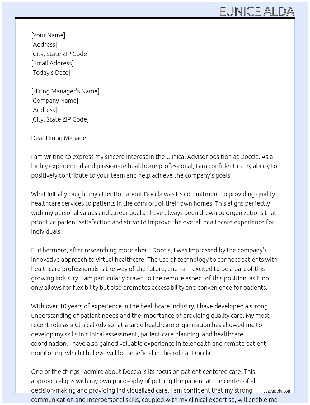 CLINICAL ADVISOR At Doccla Cover Letter