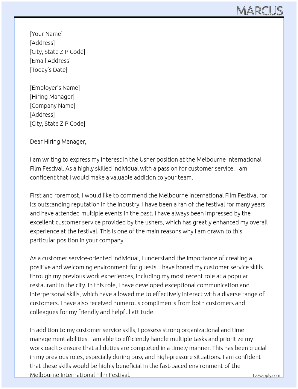 Usher At Melbourne International Film Festival Cover Letter
