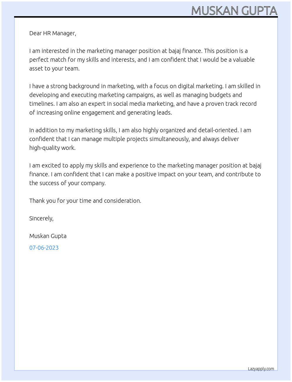 marketing manager At bajaj finance Cover Letter