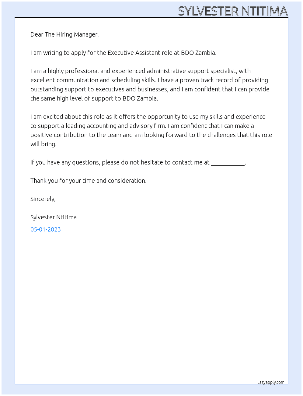 Executive Assistant  At BDO Zambia Cover Letter