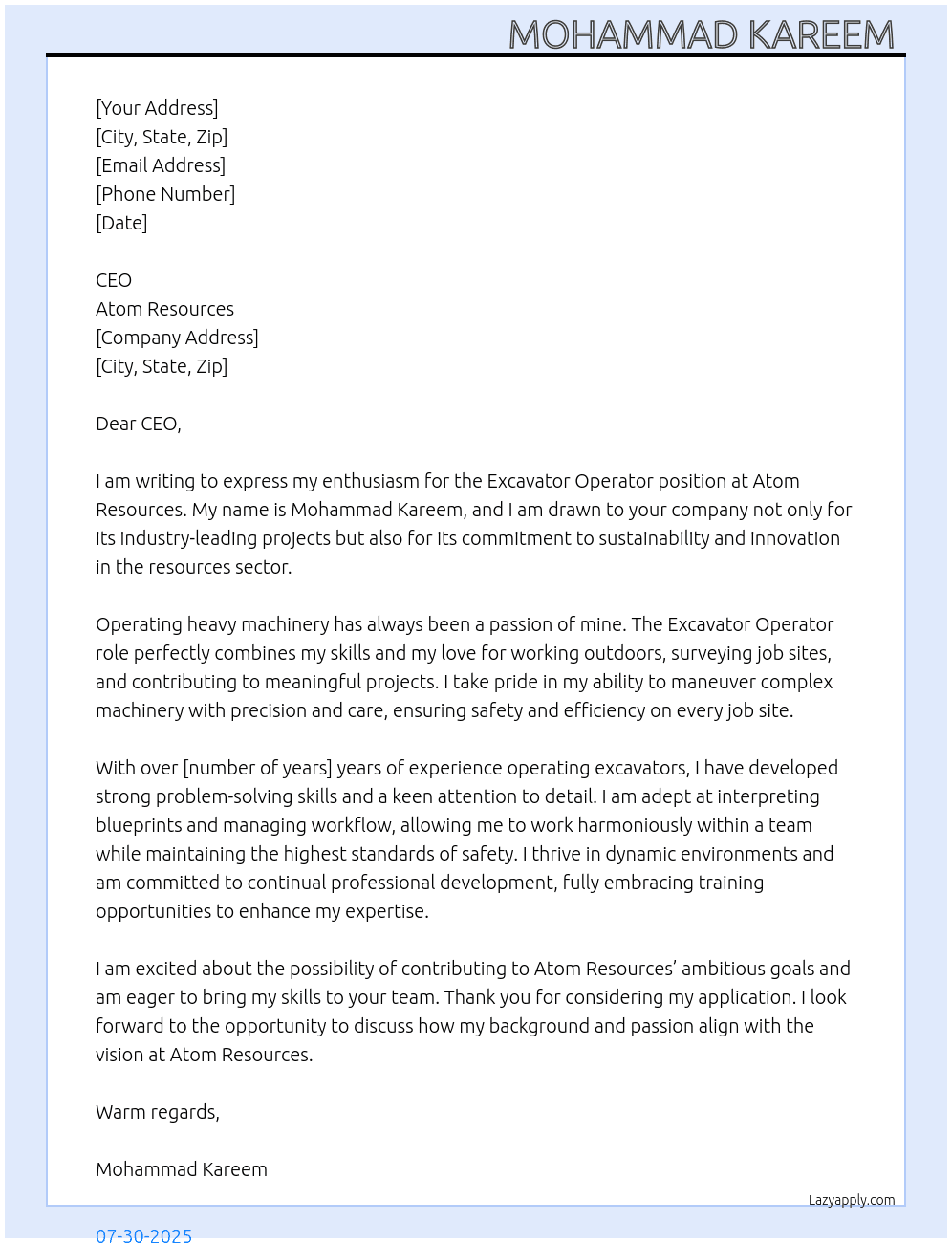 Excavator operator  At Atom resouces Cover Letter
