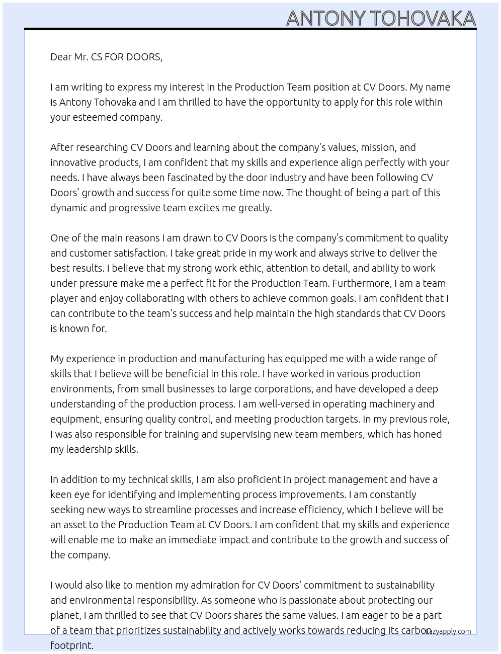 Production Team At CV Doors Cover Letter
