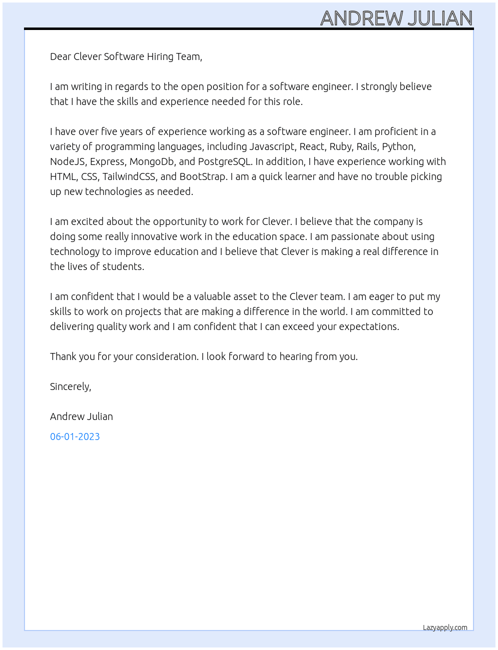 Software Engineer At Clever Cover Letter