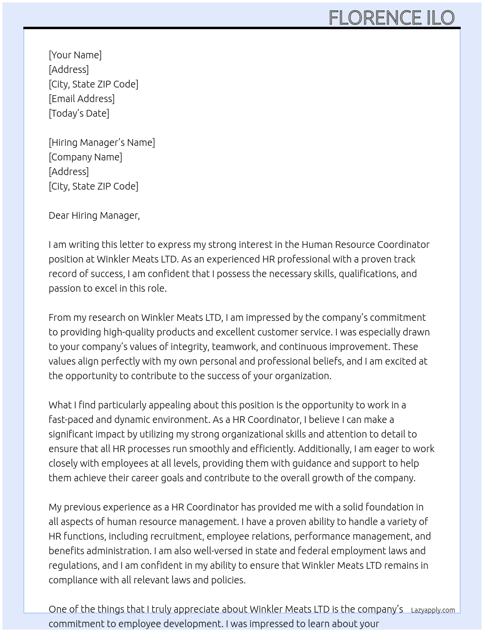 Human Resource Coordinator  At Winkler Meats LTD  Cover Letter