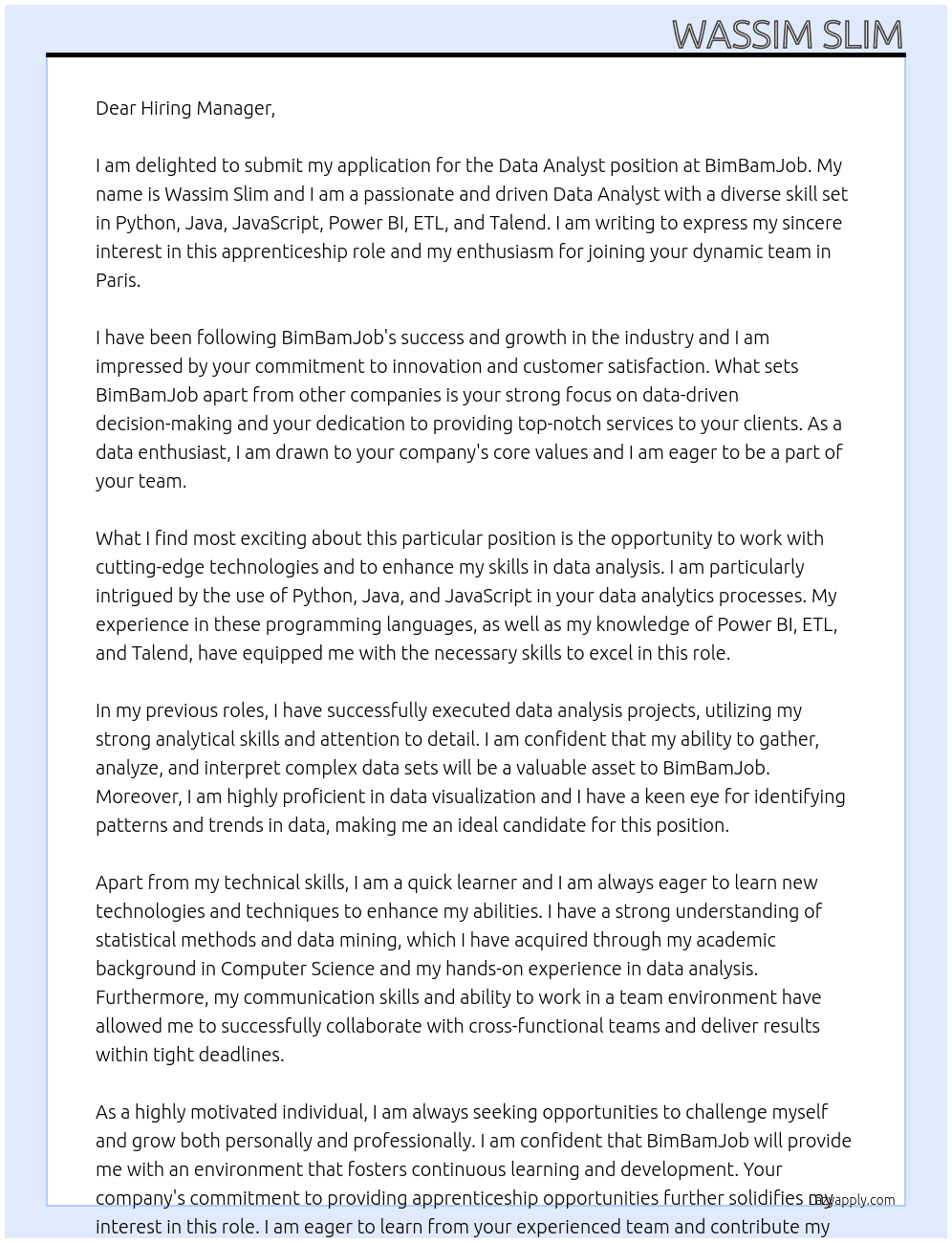 Data Analyst At BimBamJob Cover Letter