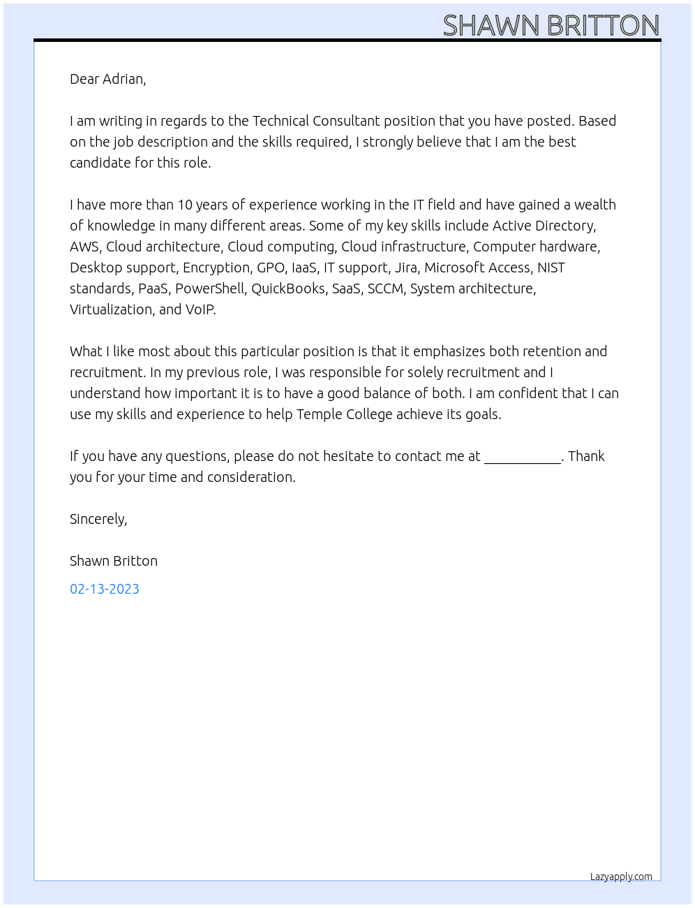 Technical Consultant At Temple College Cover Letter