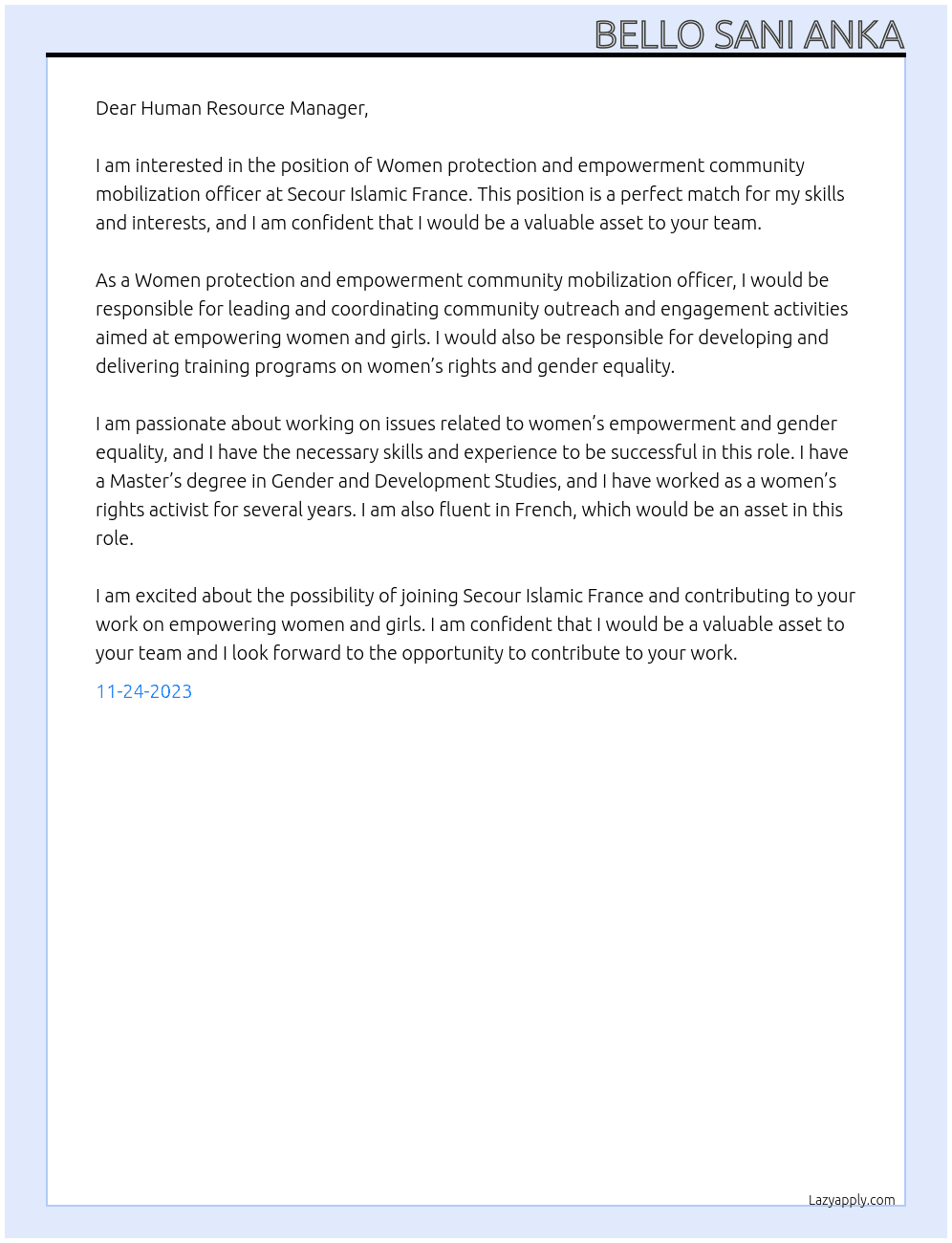Women protection and empowerment community mobilization officer At Secour Islamic France Cover Letter