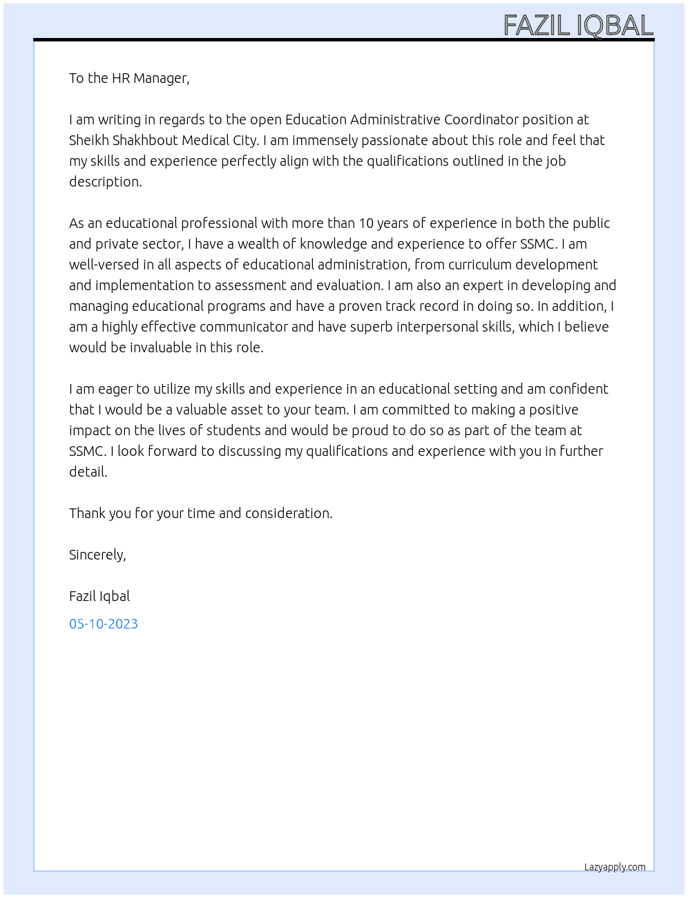 Education Administrative Coordinator At Sheikh Shakhbout Medical City - SSMC Cover Letter