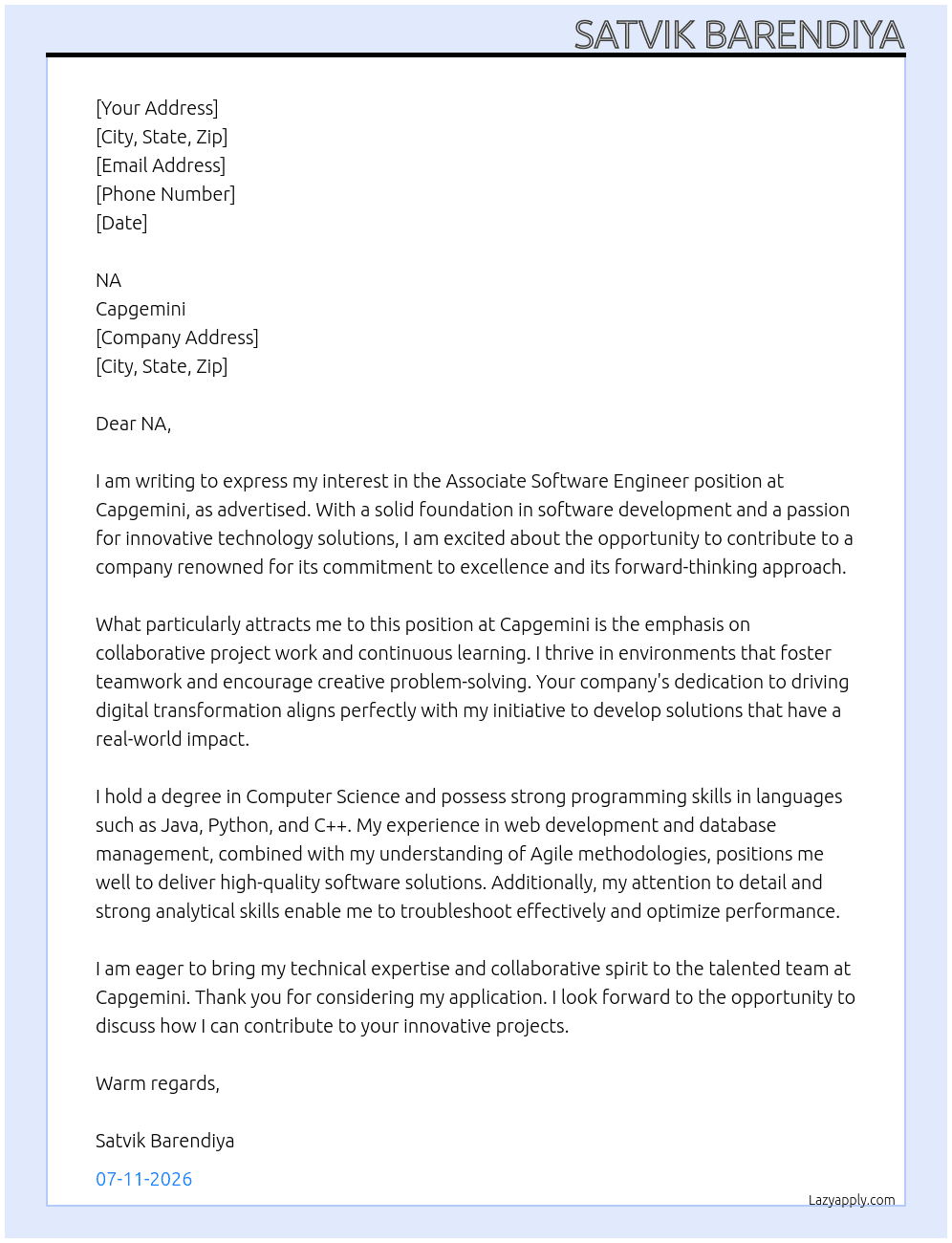 Cover letter for associate  software engineer - LazyApply