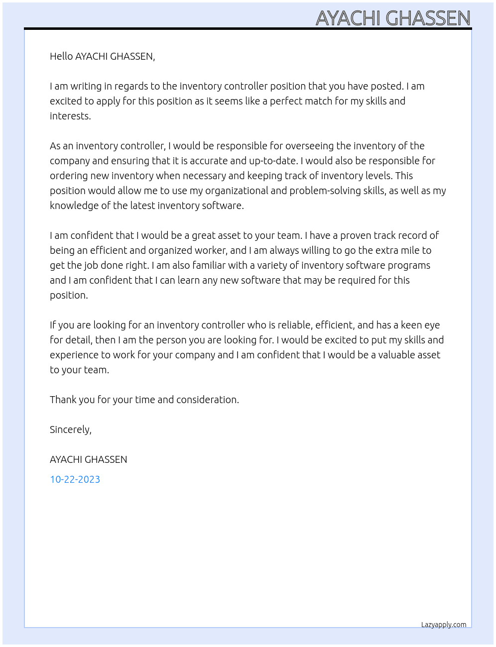 inventory controller At AYACHI GHASSEN Cover Letter