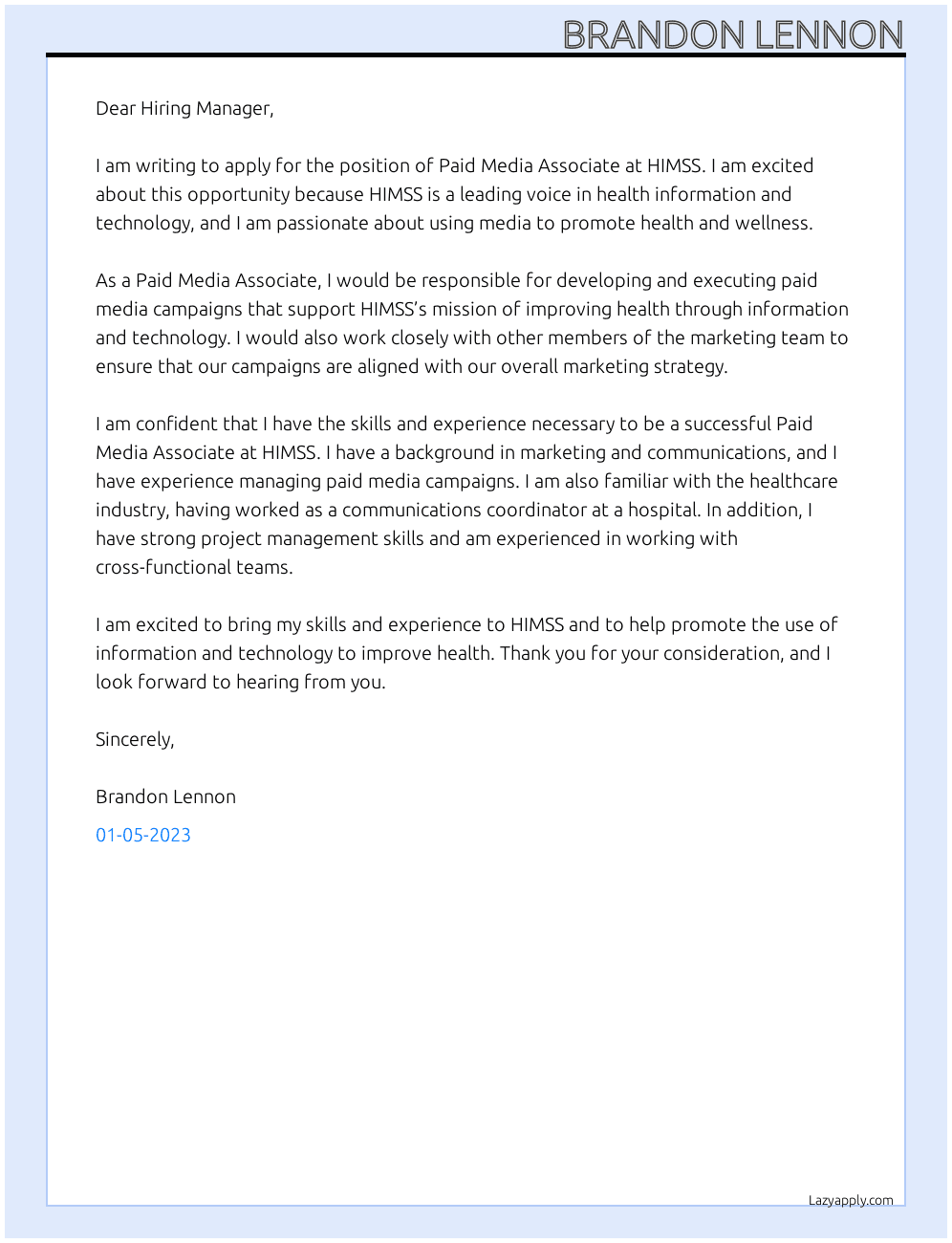 Paid Media Associate At HIMSS Cover Letter