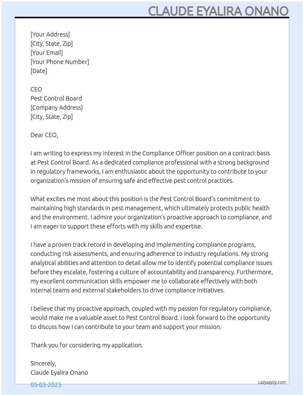Compliance Officer - Contract Position  At Pest Control Board  Cover Letter