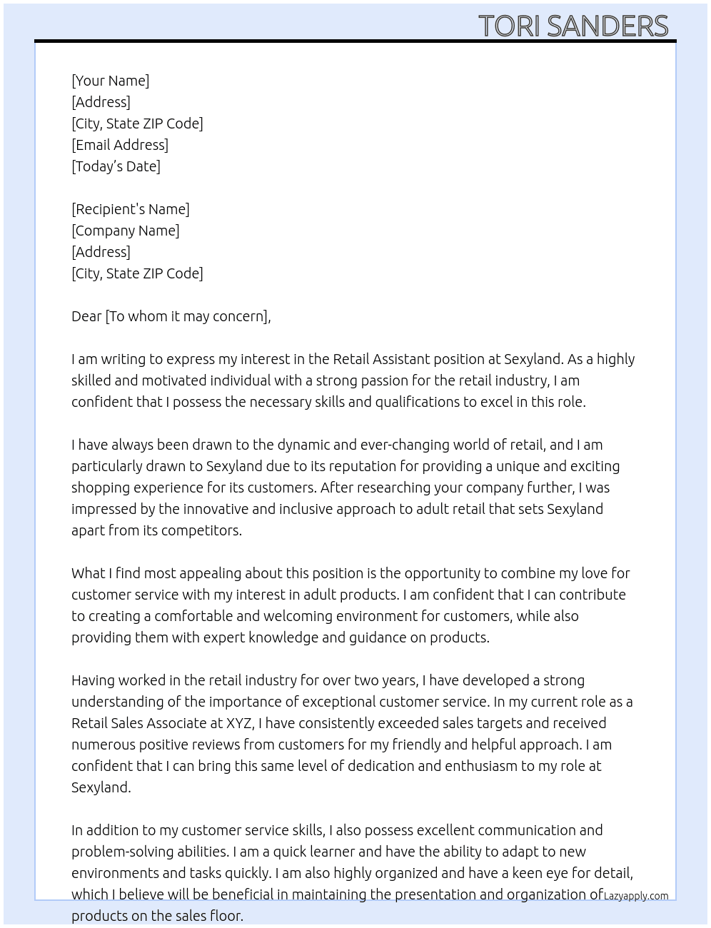 Retail assistant  At Sexyland  Cover Letter