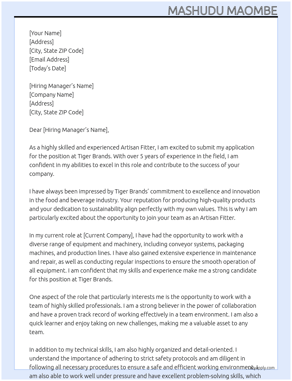 Artisan fitter At Tiger Brands  Cover Letter
