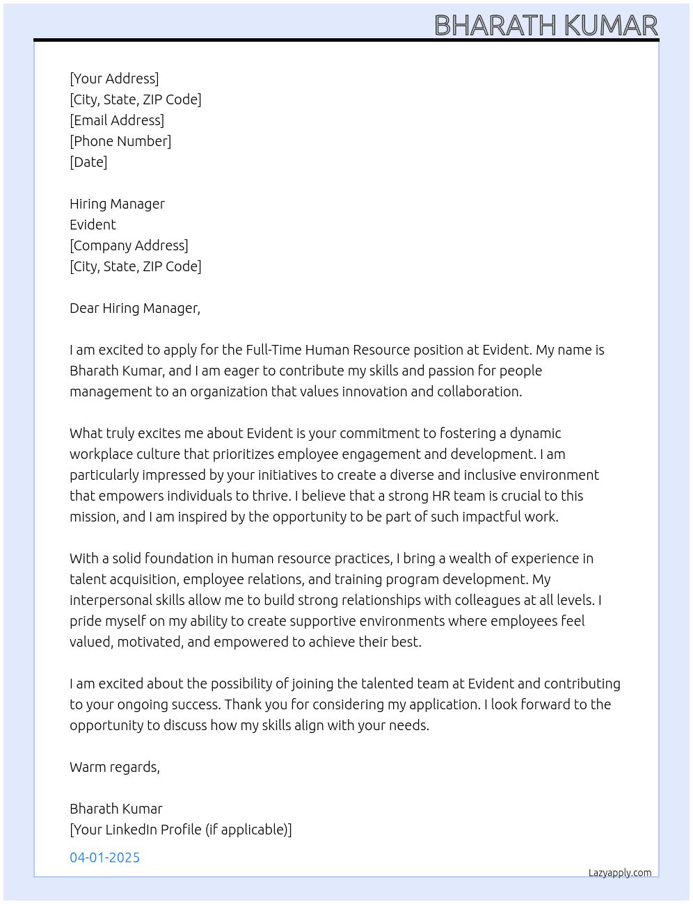 Human resource  At Evident  Cover Letter