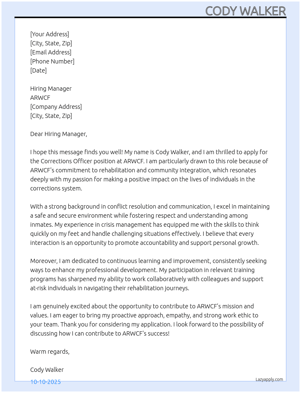 Corrections officer  At ARWCF Cover Letter