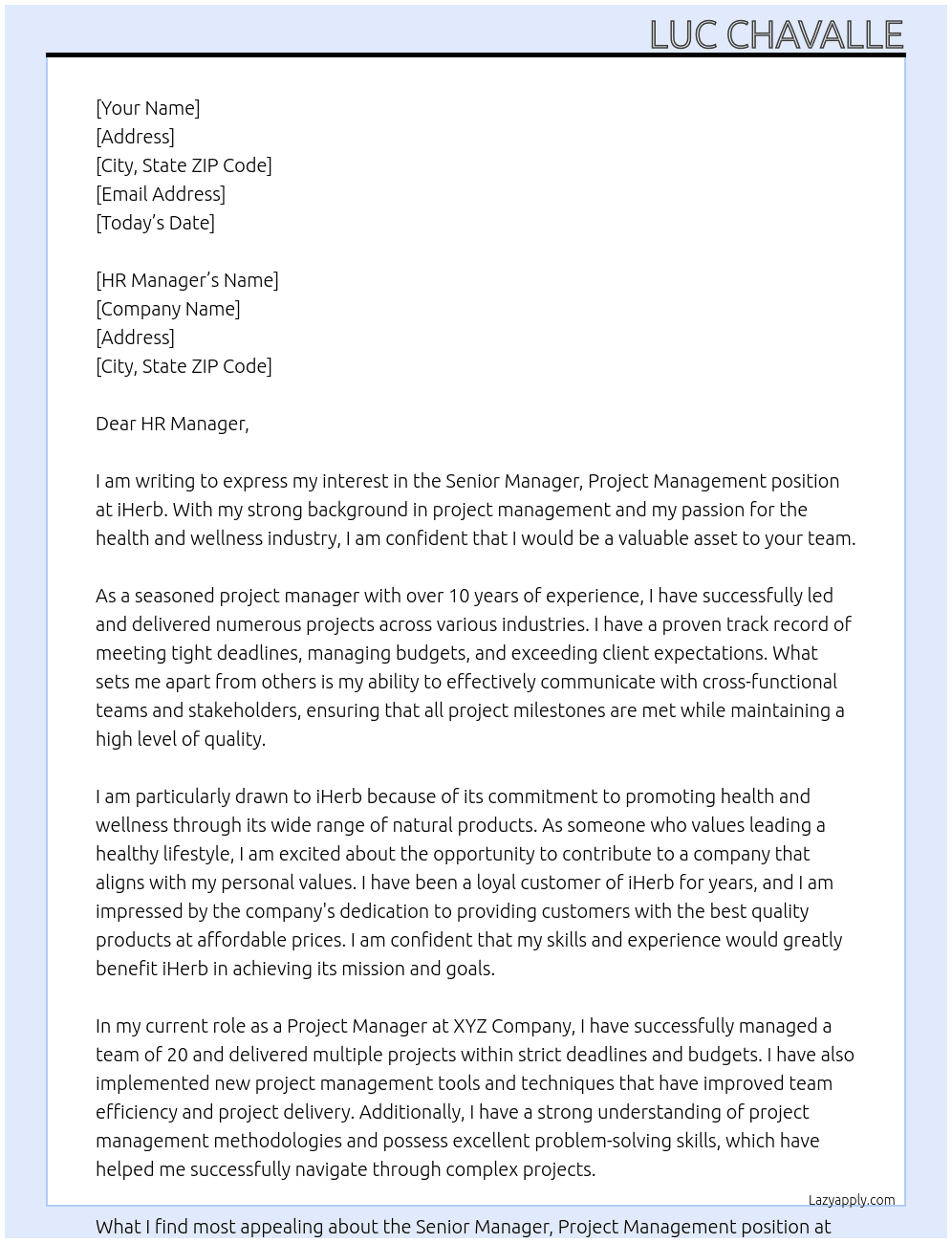 Sr. Manager, Project Management At iHerb Cover Letter