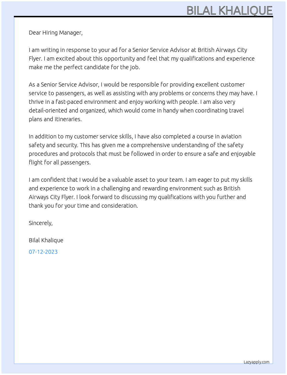 Senior service advisor At British Airways City Flyer Cover Letter