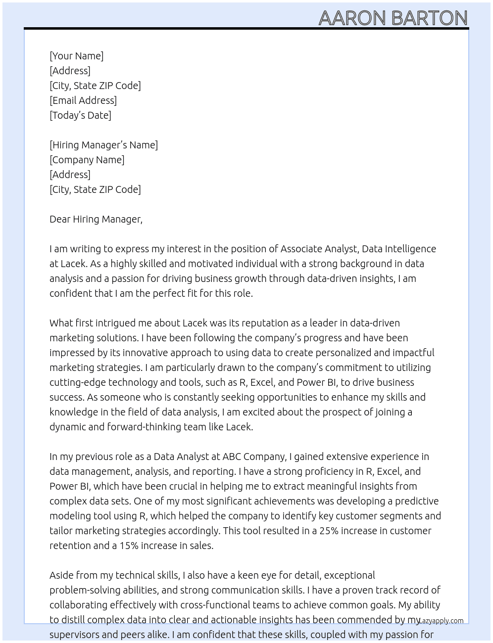 Associate Analyst, Data Intelligence At Lacek Cover Letter