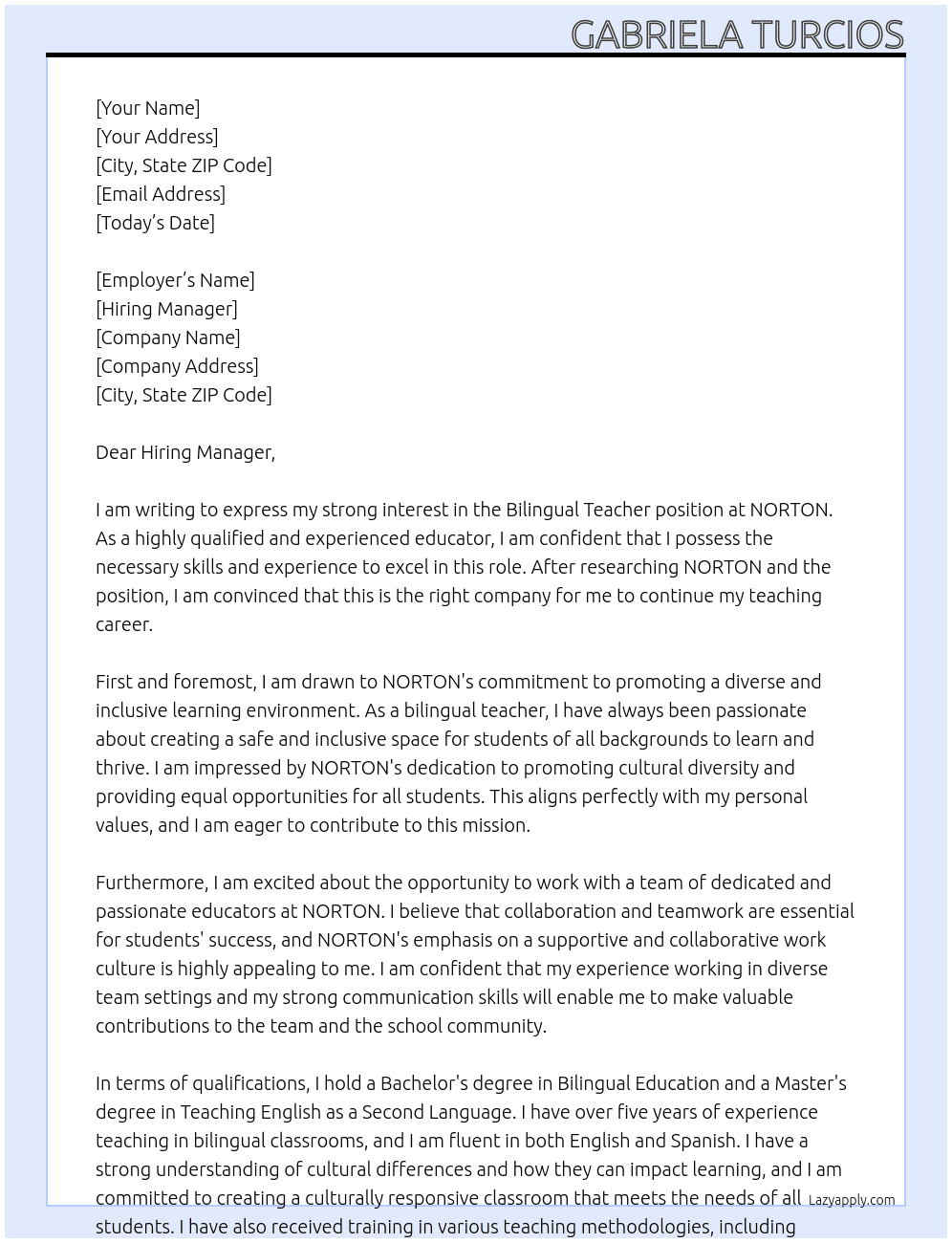 bilingual teacher At NORTON Cover Letter