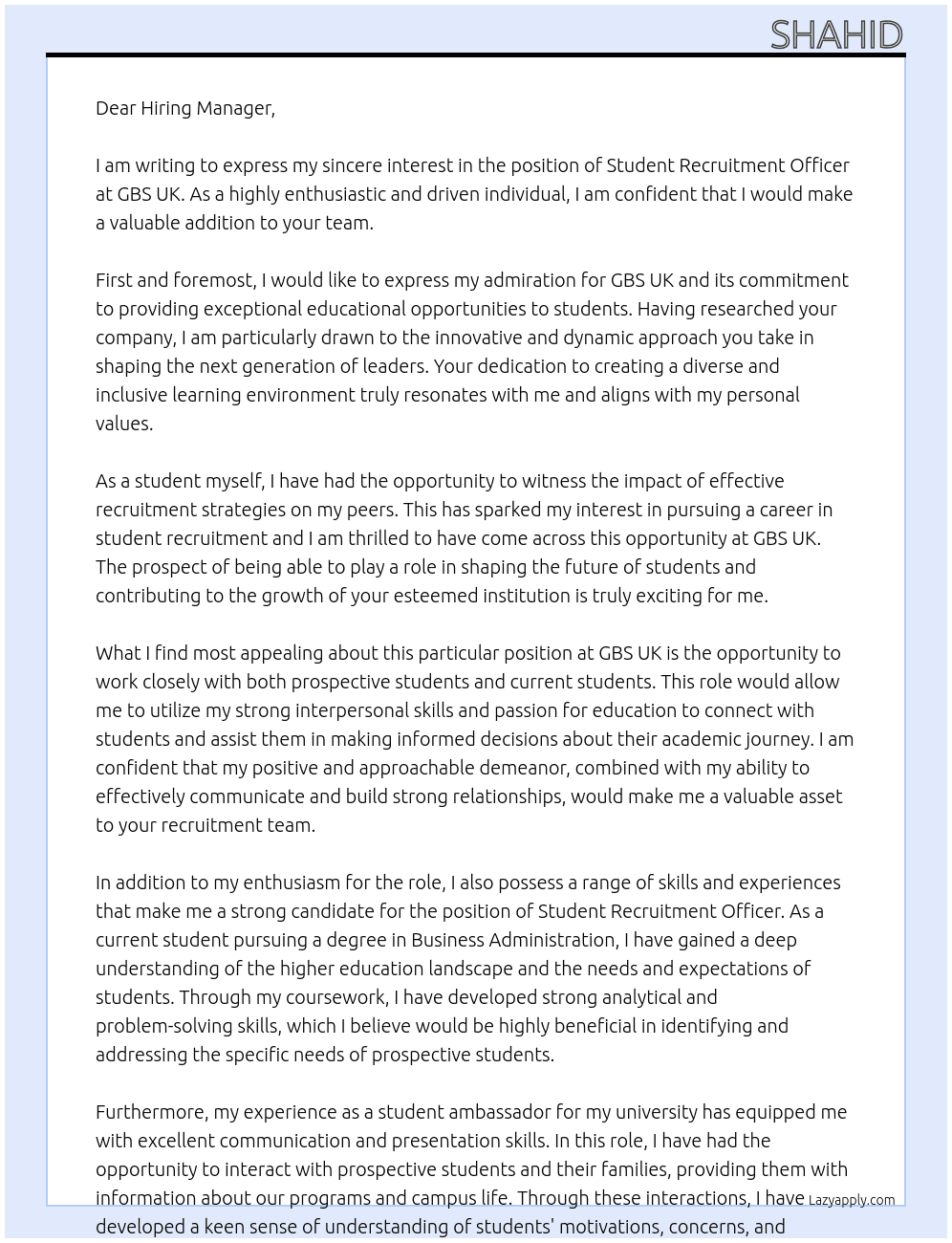 student recruitment officer At GBS UK Cover Letter