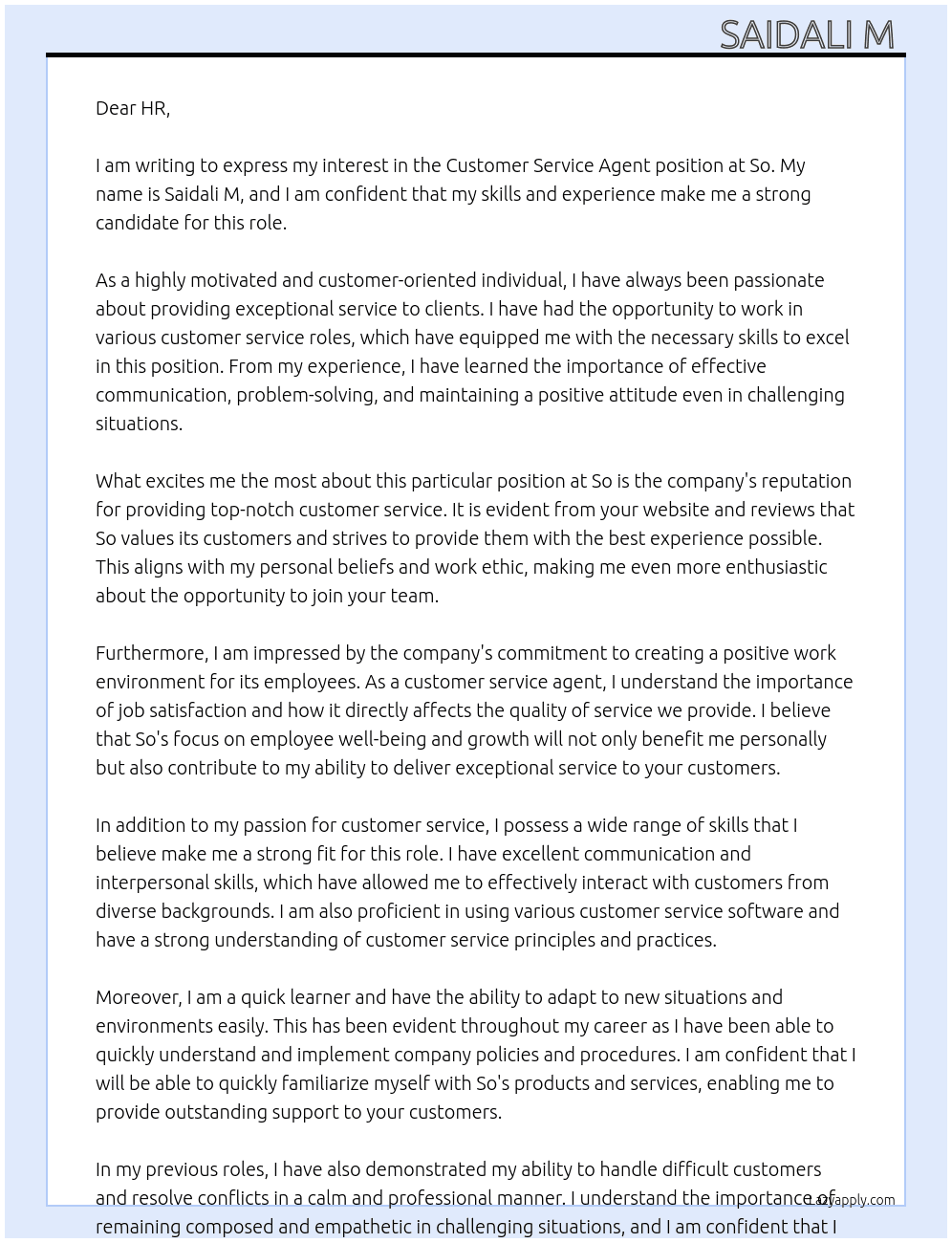 Customer Service agent  At So Cover Letter