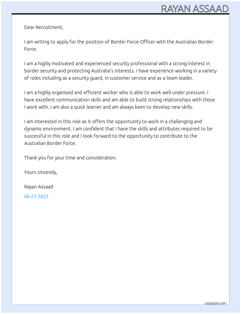 Border force officer At Australian border force  Cover Letter
