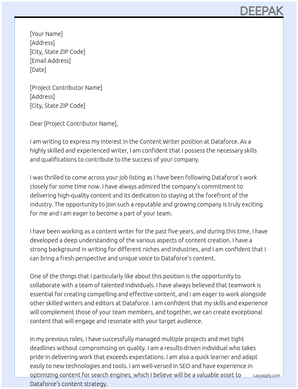 content writer At dataforce Cover Letter