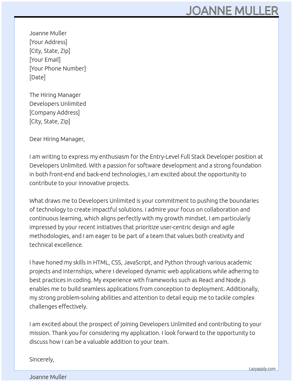 entry level full stack developer software engineering At Developers unlimited Cover Letter