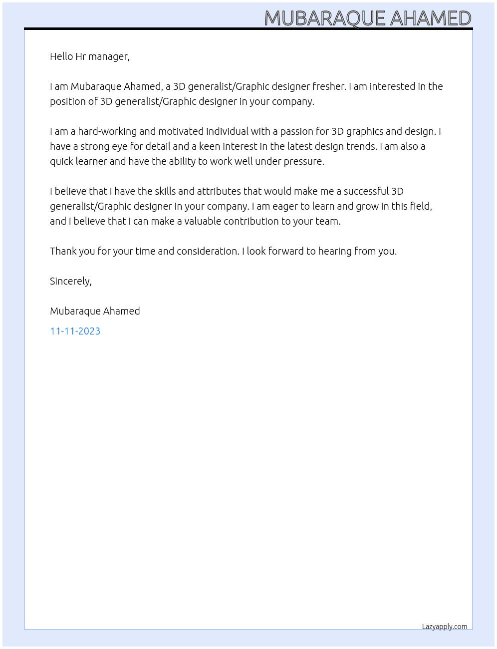 3D generalist/Graphic designer fresher At Fingnet Cover Letter