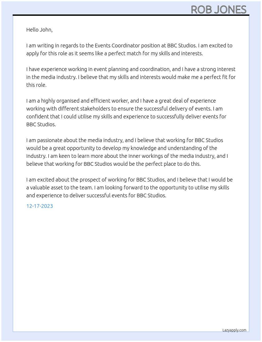 Events Coordinator At BBC Studios Cover Letter