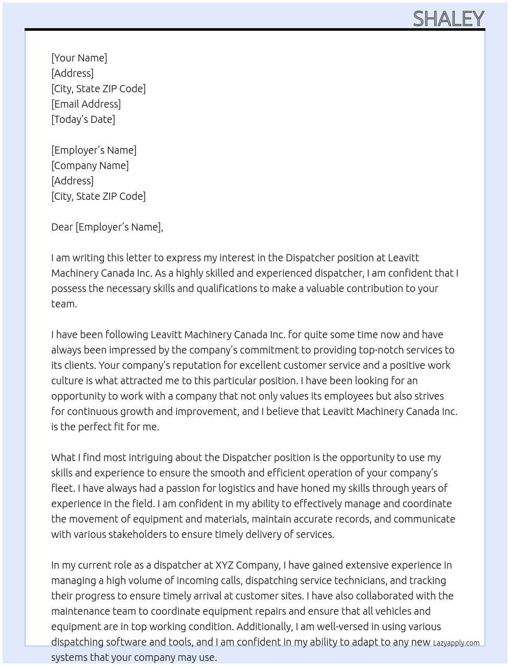 Dispatcher At Leavitt Machinery Canada Inc. Cover Letter