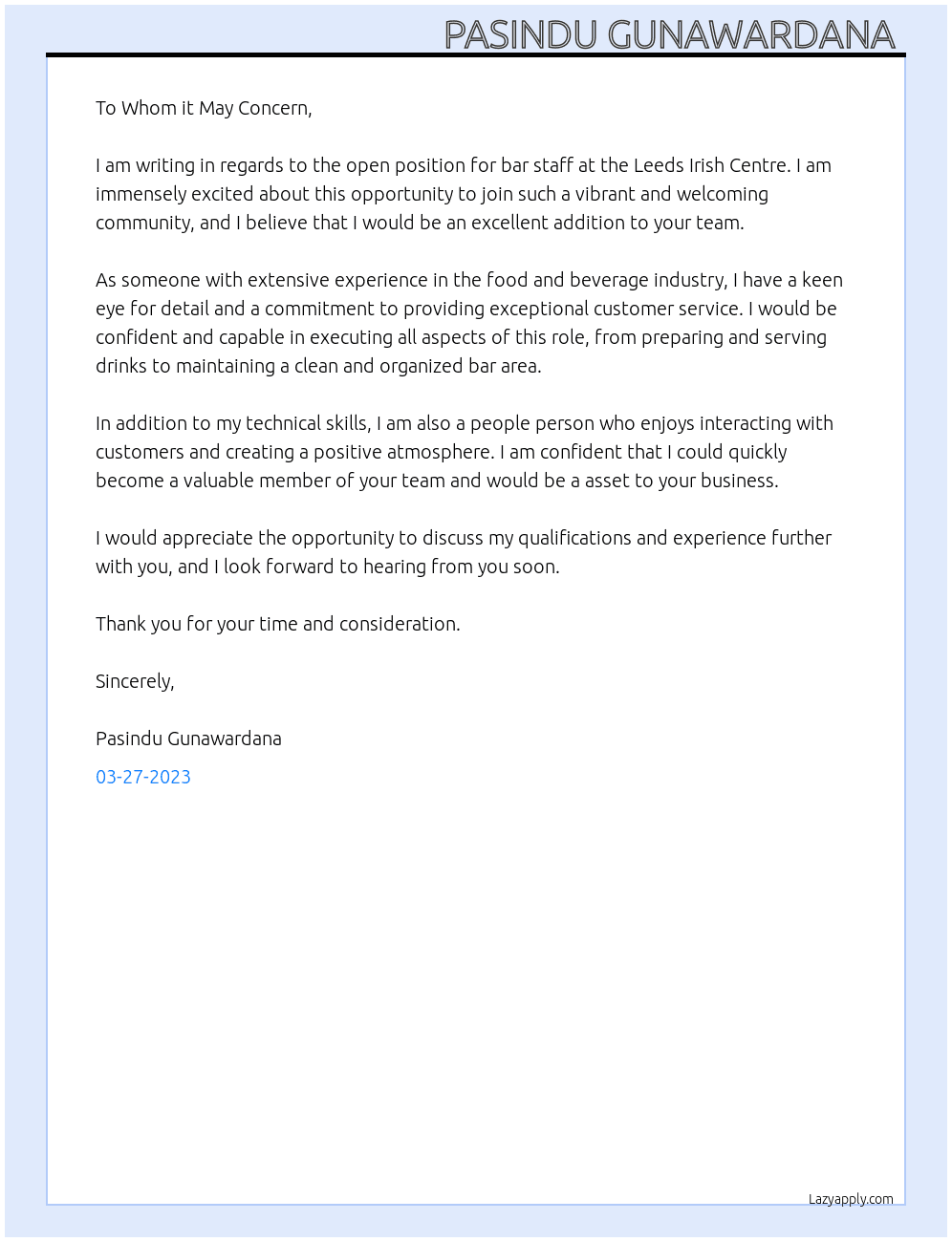 Bar Staff At Leeds Irish Centre Cover Letter