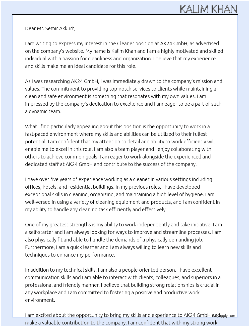 Cleaner At AK24 GmbH Cover Letter