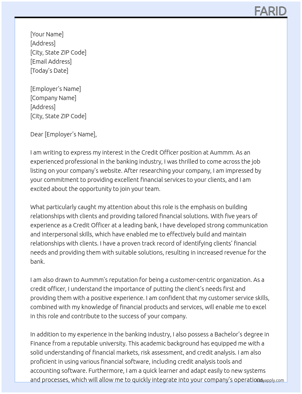 Credit Officer At aummm Cover Letter