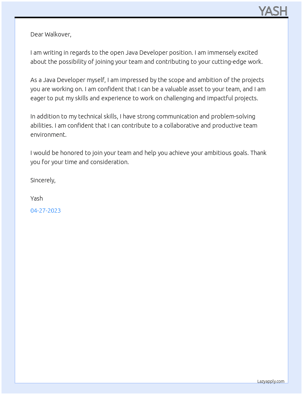 Java Developer At Walkover Cover Letter