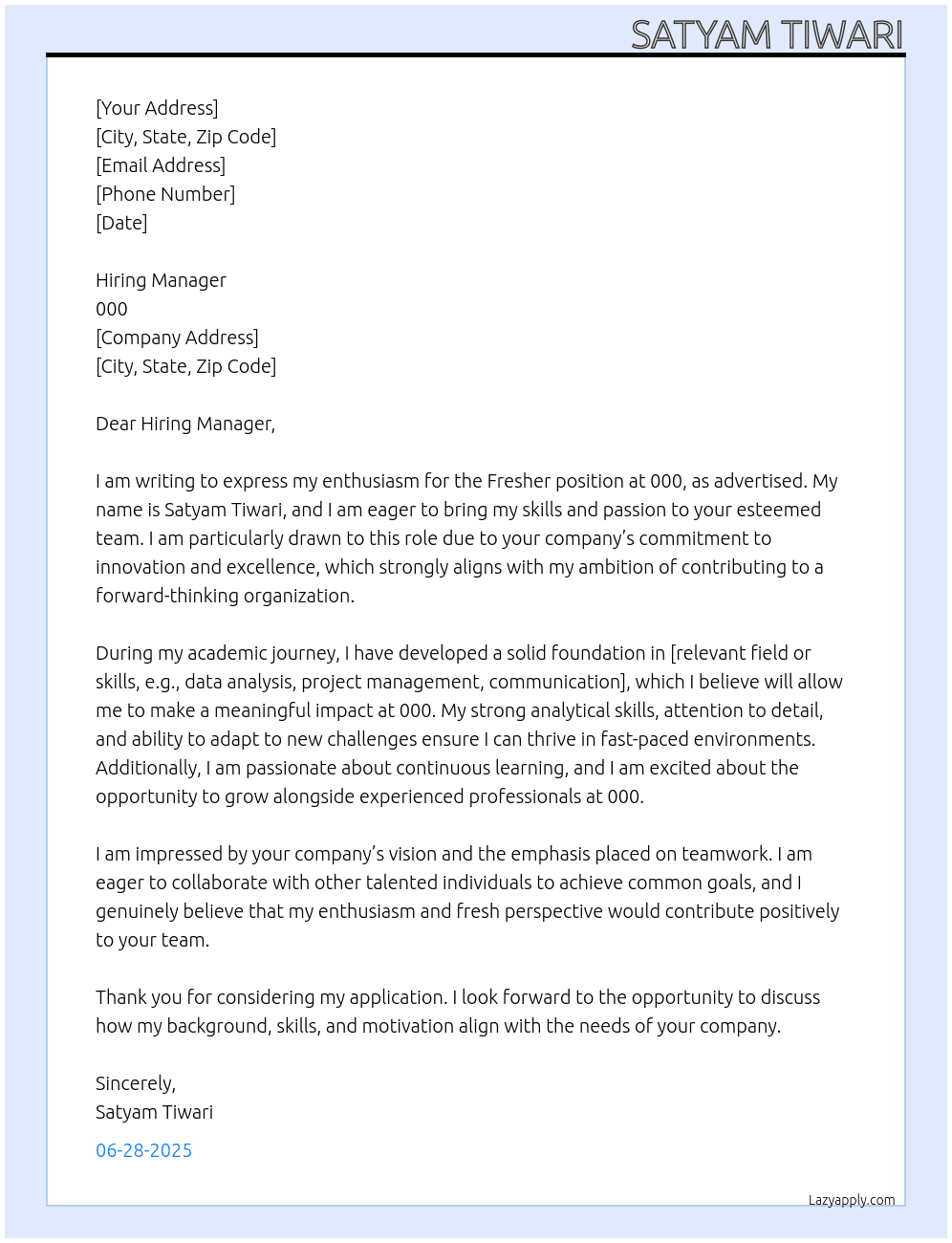 Fresher  At 000 Cover Letter