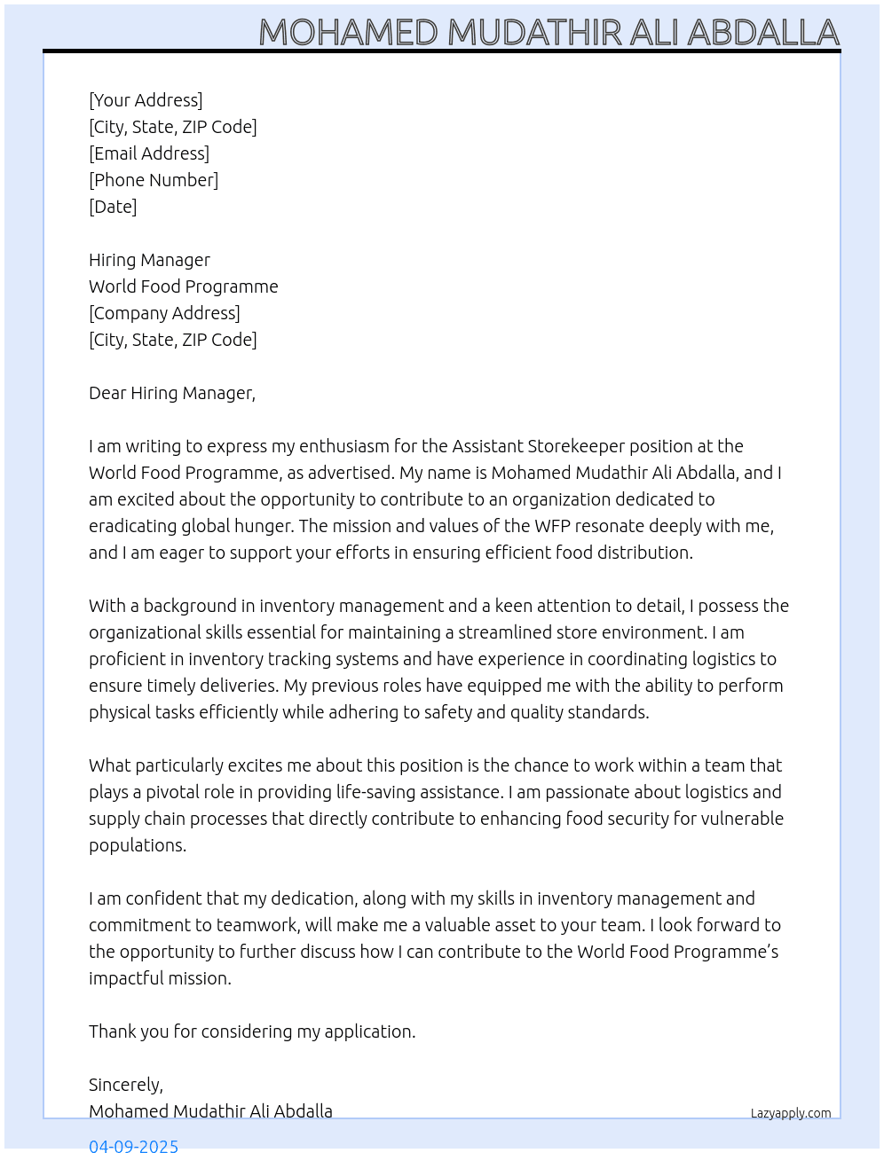 Assistant Storekeeper At World Food Programme Cover Letter