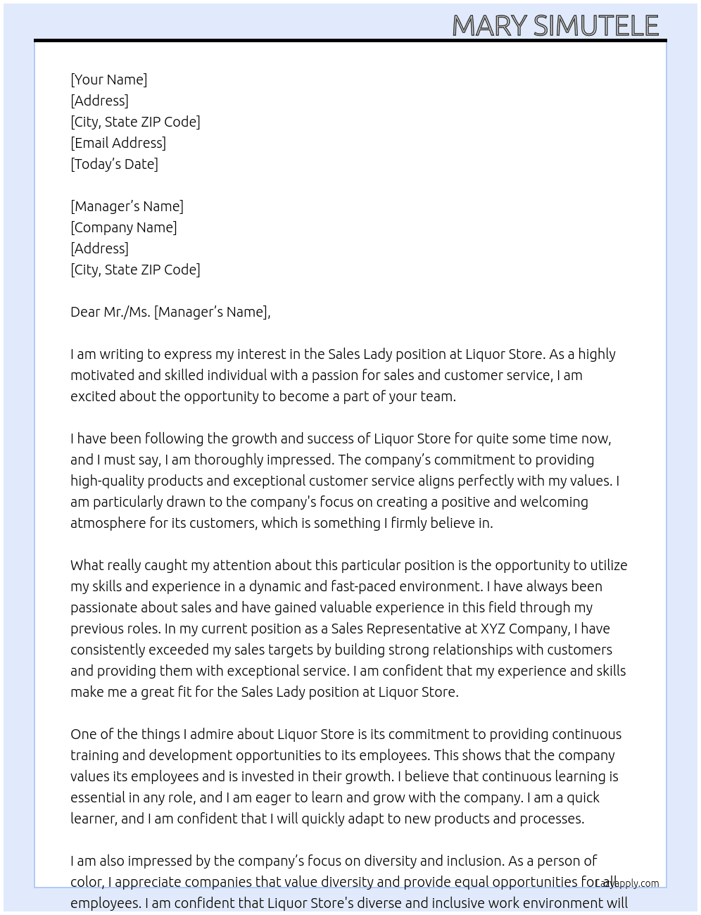 Sales lady  At Liquor store  Cover Letter